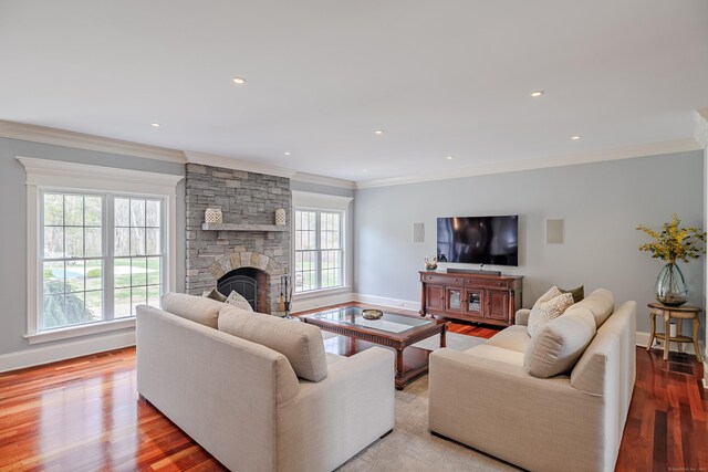 48 Mount Nebo Rd, Newtown, CT 06470 - living room featuring ornamental molding, baseboards, a fireplace, wood finished floors, and recessed lighting