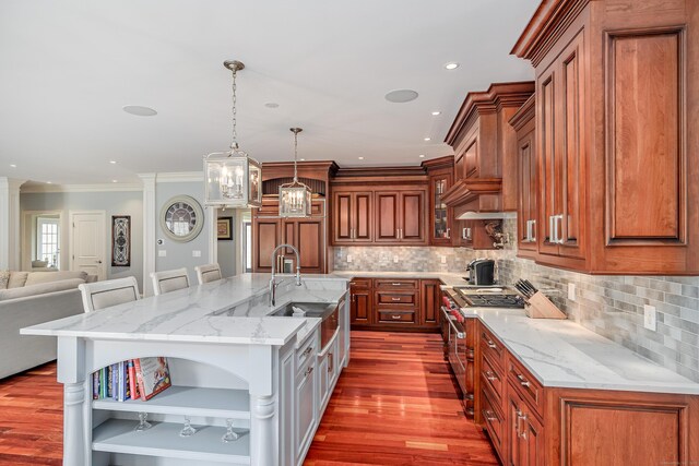 48 Mount Nebo Rd, Newtown, CT 06470 - kitchen featuring open shelves, range with two ovens, brown cabinetry, ornamental molding, and dark wood finished floors