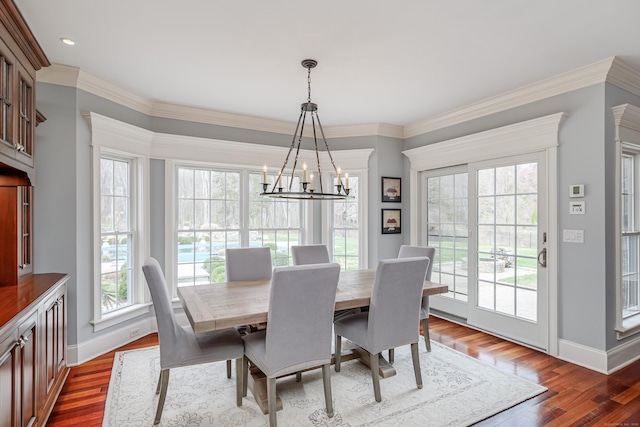 48 Mount Nebo Rd, Newtown, CT 06470 - dining area with a chandelier, baseboards, dark wood finished floors, ornamental molding, and recessed lighting