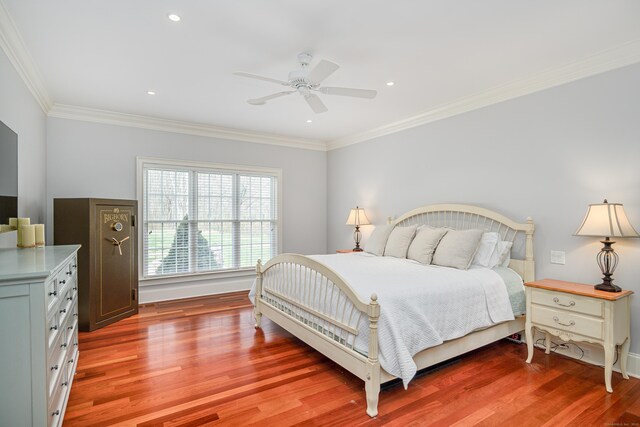 48 Mount Nebo Rd, Newtown, CT 06470 - bedroom featuring wood finished floors, ornamental molding, baseboards, ceiling fan, and recessed lighting