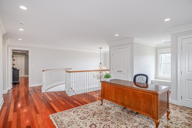 48 Mount Nebo Rd, Newtown, CT 06470 - office with wood finished floors, recessed lighting, a chandelier, baseboards, and crown molding