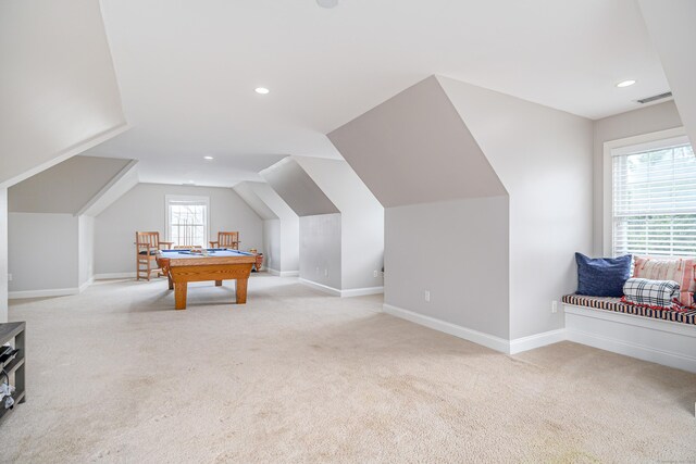 48 Mount Nebo Rd, Newtown, CT 06470 - rec room with light carpet, pool table, vaulted ceiling, baseboards, and recessed lighting