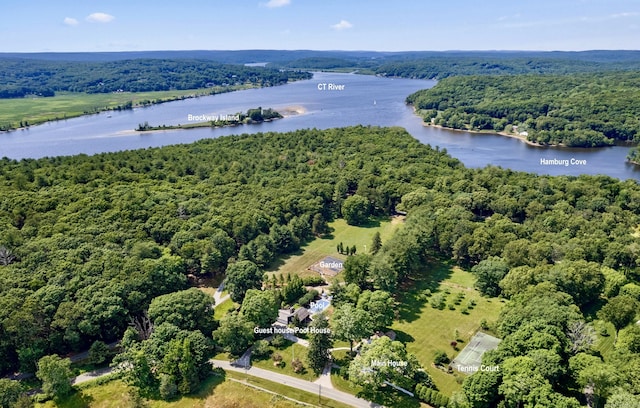 aerial view with a wooded view and a water view