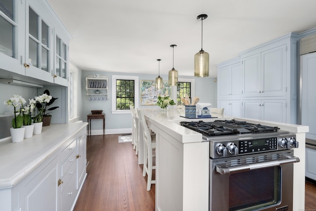 kitchen with light countertops, stainless steel range, and dark wood-style flooring