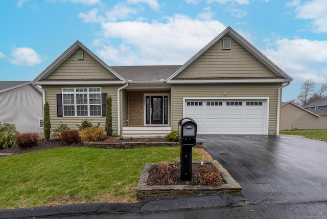 single story home with driveway, a garage, a front lawn, and a shingled roof