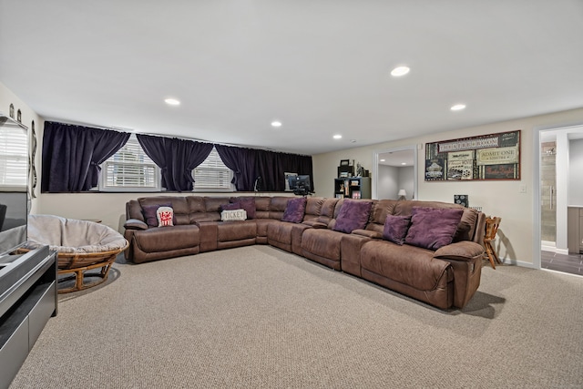 living room with carpet flooring and recessed lighting