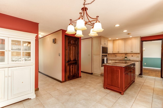 14 Valley View Dr, Wallingford, CT 06492 - kitchen with a chandelier, stainless steel oven, built in microwave, baseboards, and backsplash