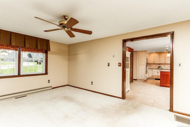 14 Valley View Dr, Wallingford, CT 06492 - unfurnished room with visible vents, light carpet, baseboards, a baseboard radiator, and a ceiling fan
