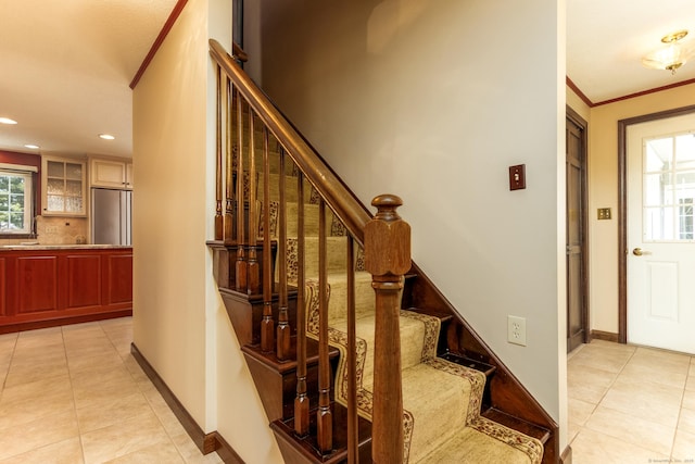 14 Valley View Dr, Wallingford, CT 06492 - stairs with tile patterned flooring, ornamental molding, baseboards, and recessed lighting