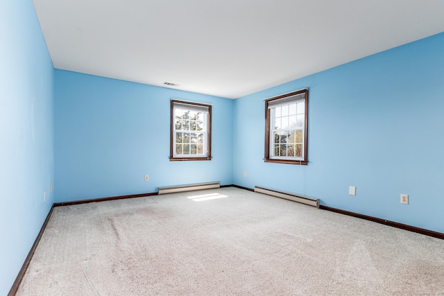 14 Valley View Dr, Wallingford, CT 06492 - carpeted spare room featuring baseboards, a baseboard heating unit, visible vents, and a baseboard radiator