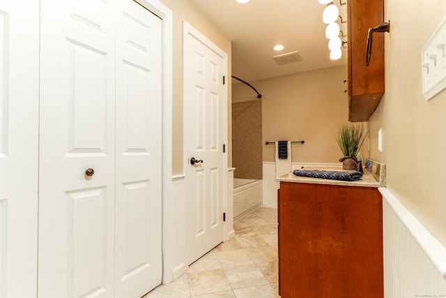 14 Valley View Dr, Wallingford, CT 06492 - full bath featuring vanity, tile patterned flooring, visible vents, recessed lighting, and shower / bathing tub combination