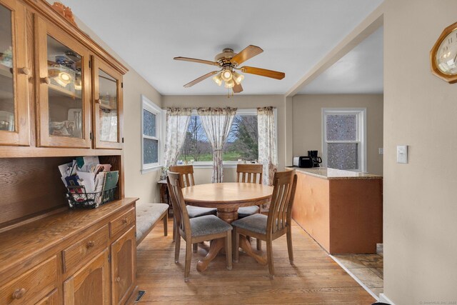 dining area featuring a ceiling fan and light wood-style floors