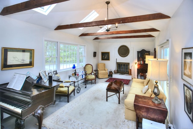 living room with vaulted ceiling with skylight and a fireplace