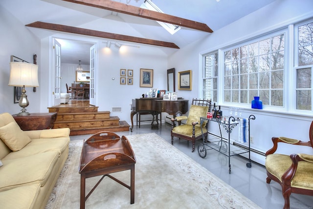 living room with concrete flooring, vaulted ceiling with beams, and visible vents