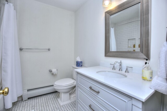 1 Graystone Ln, Weston, CT 06880 - bathroom featuring baseboard heating, vanity, a shower with shower curtain, and tile patterned floors