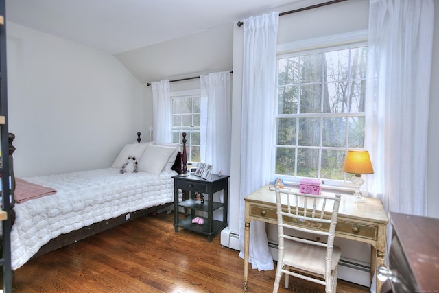 bedroom with multiple windows, wood finished floors, and lofted ceiling