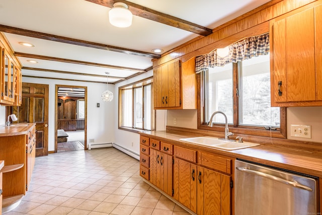 kitchen with stainless steel dishwasher, a baseboard radiator, light tile patterned floors, beamed ceiling, and a sink