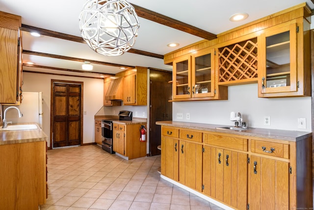 kitchen featuring light tile patterned flooring, a sink, stainless steel electric stove, and beam ceiling