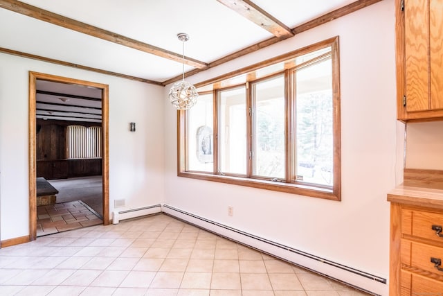 unfurnished dining area featuring a baseboard heating unit, beam ceiling, a notable chandelier, baseboards, and a baseboard radiator
