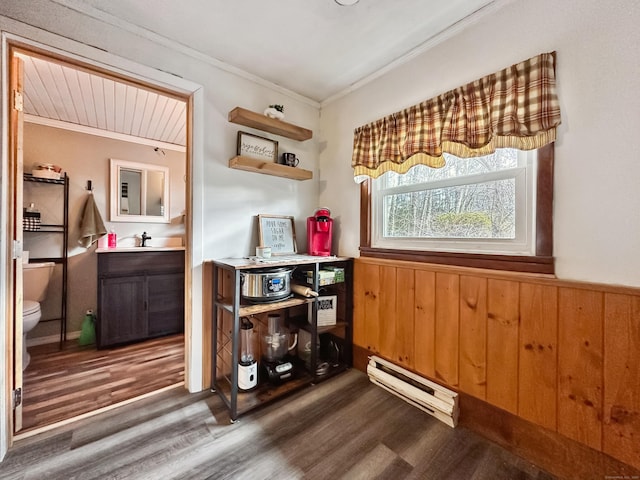 interior space with crown molding, wainscoting, wood finished floors, and a baseboard radiator