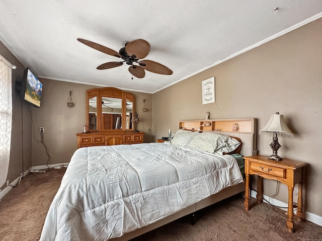 bedroom with carpet floors, a ceiling fan, baseboards, and ornamental molding