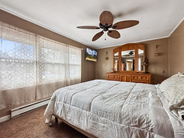 carpeted bedroom with a baseboard radiator, ceiling fan, and ornamental molding