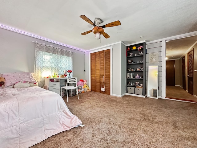 carpeted bedroom with ceiling fan