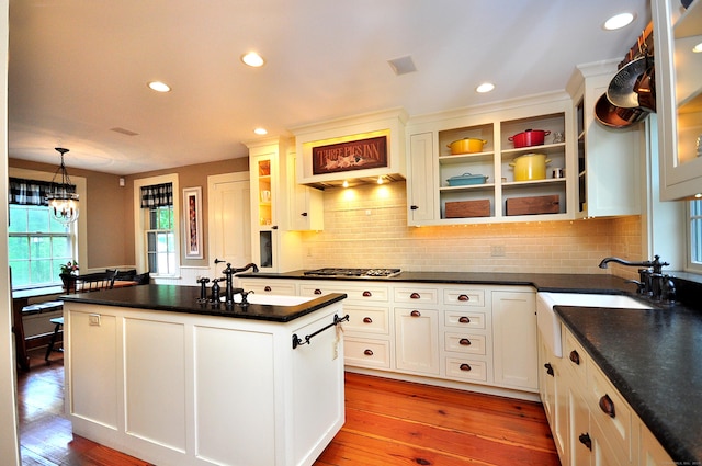 794 Main St, Somers, CT 06071 - kitchen with open shelves, dark countertops, plenty of natural light, a chandelier, and recessed lighting