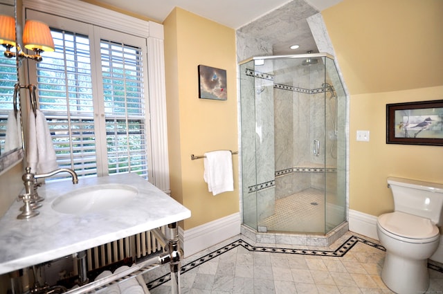 794 Main St, Somers, CT 06071 - bathroom featuring baseboards, toilet, a shower stall, and vanity