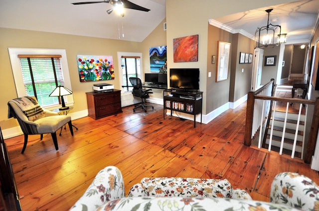 794 Main St, Somers, CT 06071 - living area featuring radiator, baseboards, wood-type flooring, a chandelier, and ceiling fan