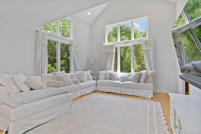 5 Tall Oaks Rd, Wilton, CT 06897 - living room featuring high vaulted ceiling, healthy amount of natural light, wood finished floors, and recessed lighting