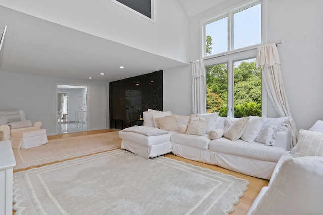 5 Tall Oaks Rd, Wilton, CT 06897 - living room with a high ceiling, wood finished floors, and recessed lighting