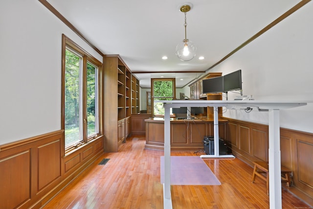 5 Tall Oaks Rd, Wilton, CT 06897 - unfurnished office featuring wainscoting, light wood-type flooring, ornamental molding, recessed lighting, and a decorative wall