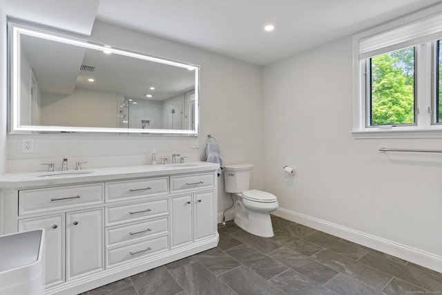 5 Tall Oaks Rd, Wilton, CT 06897 - full bath with double vanity, a shower with door, and recessed lighting