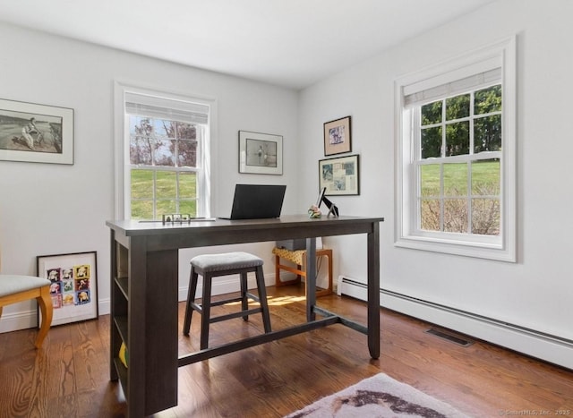 home office with healthy amount of natural light, wood finished floors, and baseboard heating