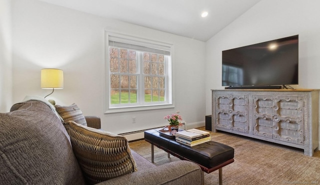 living area with a baseboard heating unit, lofted ceiling, baseboards, wood finished floors, and recessed lighting