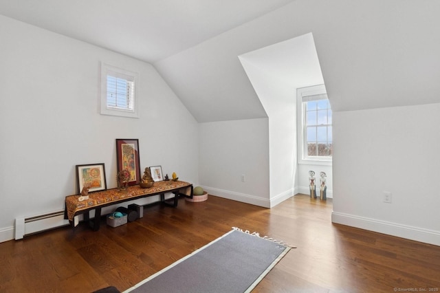 additional living space with wood finished floors, vaulted ceiling, baseboards, and baseboard heating