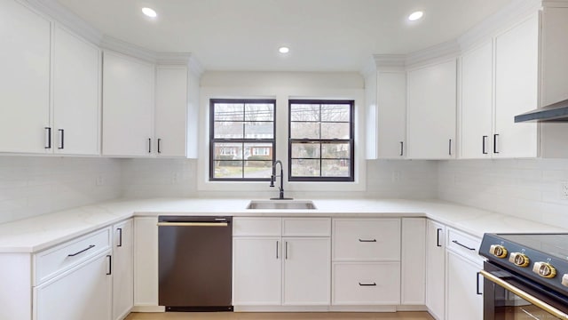 101 Parade Hill Rd, New Canaan, CT 06840 - kitchen with a sink, black electric range, white cabinetry, and stainless steel dishwasher
