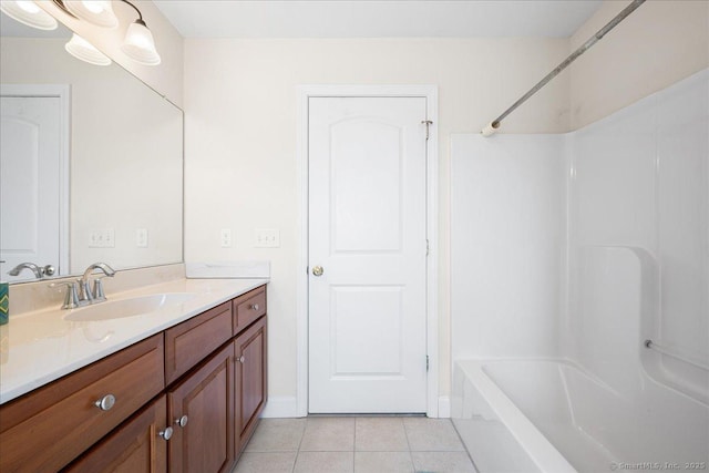 full bath featuring shower / bathing tub combination, baseboards, vanity, and tile patterned flooring