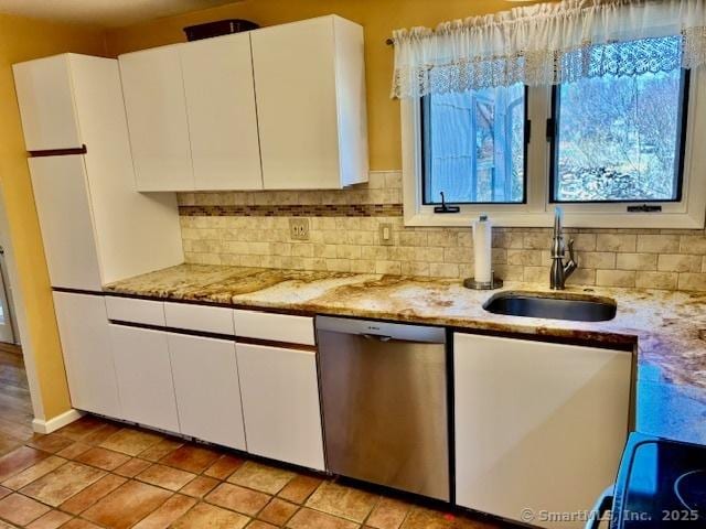 kitchen with a sink, tasteful backsplash, stainless steel dishwasher, and white cabinetry