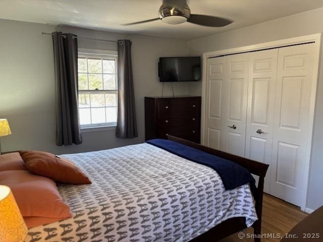 bedroom with ceiling fan, a closet, and wood finished floors