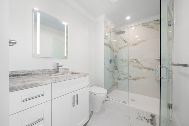 56-58 E Main St, Stonington, CT 06355 - bathroom featuring ornamental molding, toilet, vanity, a marble finish shower, and marble finish floor