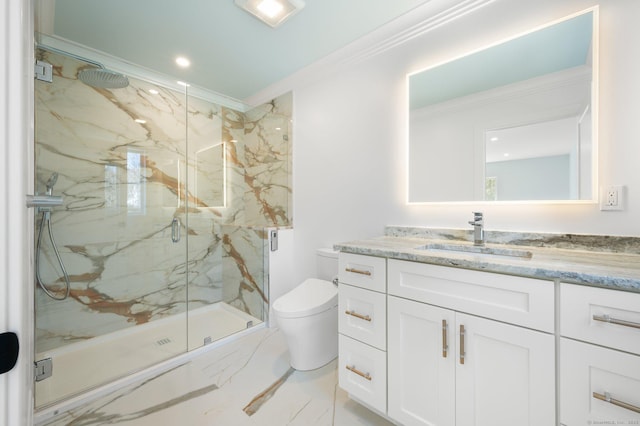 56-58 E Main St, Stonington, CT 06355 - bathroom featuring vanity, ornamental molding, toilet, marble finish floor, and a marble finish shower