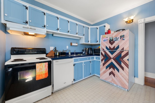 56-58 E Main St, Stonington, CT 06355 - kitchen with under cabinet range hood, dishwasher, blue cabinetry, and electric range oven