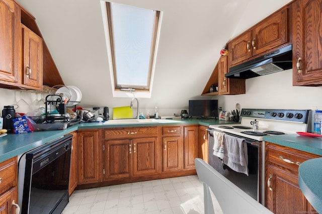 56-58 E Main St, Stonington, CT 06355 - kitchen featuring white range with electric cooktop, brown cabinetry, black dishwasher, under cabinet range hood, and a sink