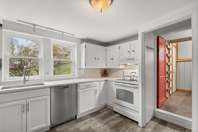 kitchen featuring under cabinet range hood, dishwasher, a sink, electric stove, and backsplash