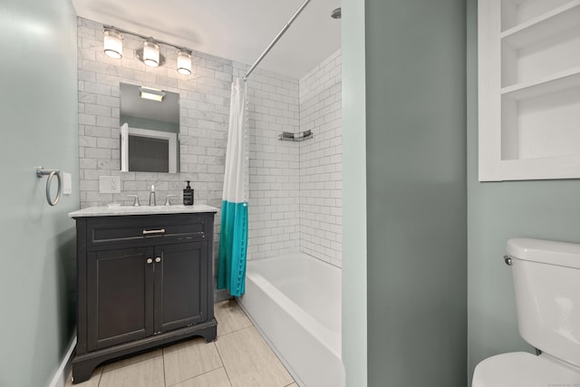 full bath featuring vanity, tile patterned flooring, toilet, shower / bath combo, and decorative backsplash