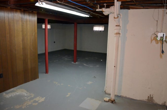 basement featuring wood walls