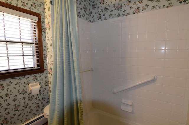 bathroom featuring toilet, shower / bathtub combination with curtain, wallpapered walls, and a baseboard heating unit