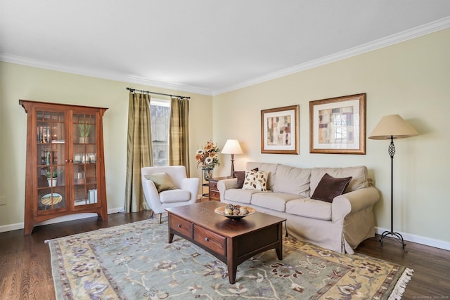living room with baseboards, dark wood finished floors, and crown molding